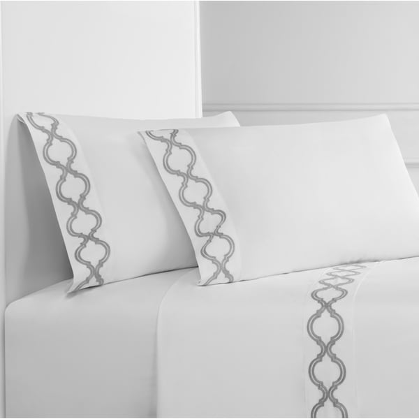 Embroidered Crisp Percale Cotton Lattice Sheet Set On Embroidered Crisp Percale Cotton Lattice Sheet Set