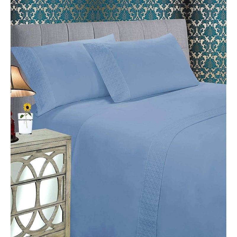 Elegant Comfort Luxurious Soft & Coziest 4-Piece Quilted Bed Sheet Set on Flat Sheet and Pillowcases - Queen - Denim Blue