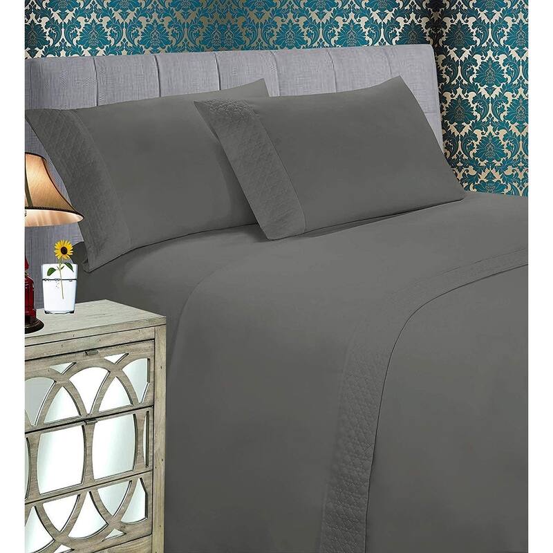 Elegant Comfort Luxurious Soft & Coziest 4-Piece Quilted Bed Sheet Set on Flat Sheet and Pillowcases - Queen - Gray