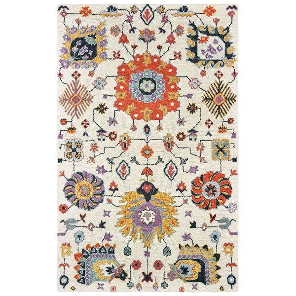Floral Tribal Hand-tufted Wool Ivory/ Orange Area Rug - 3'6" x 5'6"