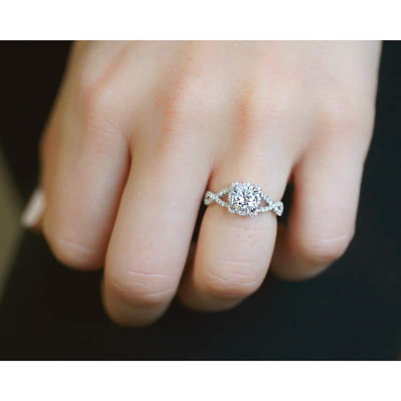 Annello by Kobelli 14k Gold 1-2/5ct TGW Cushion Moissanite and Diamond Fancy Halo Cross Shank Ring