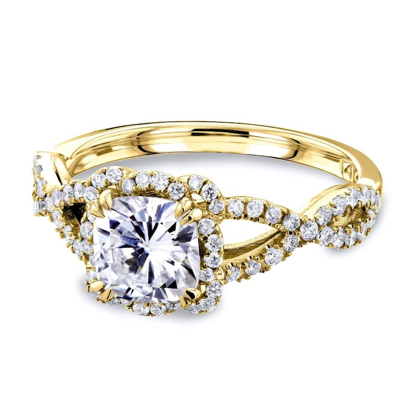 Annello by Kobelli 14k Gold 1-2/5ct TGW Cushion Moissanite and Diamond Fancy Halo Cross Shank Ring