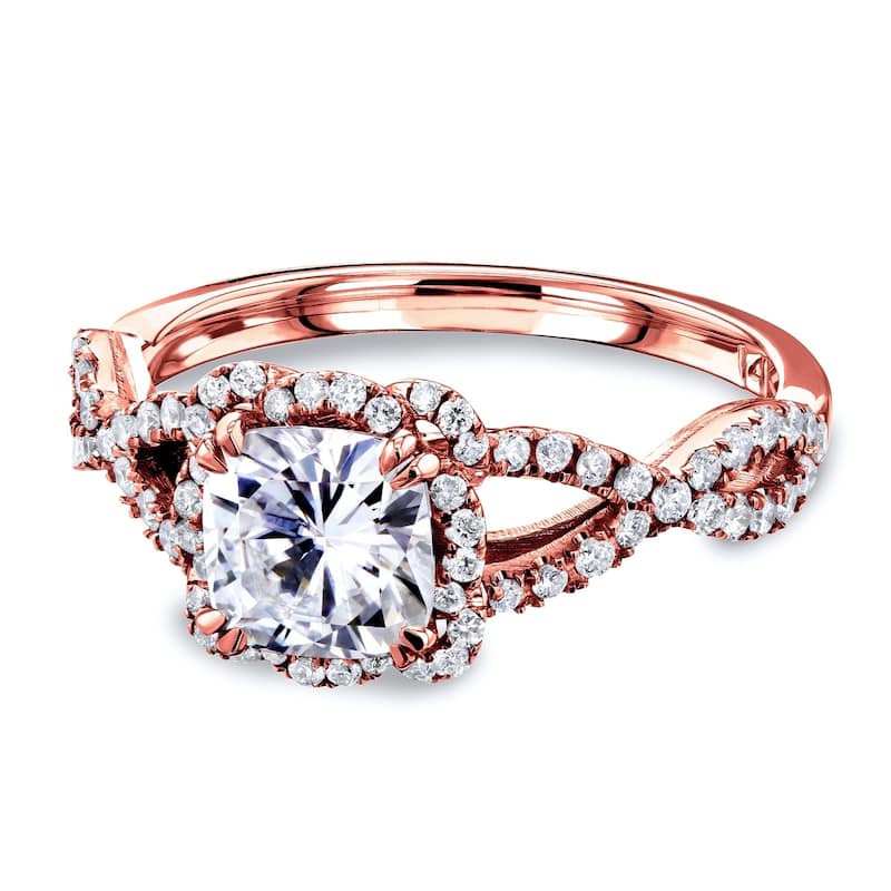 Annello by Kobelli 14k Gold 1-2/5ct TGW Cushion Moissanite and Diamond Fancy Halo Cross Shank Ring