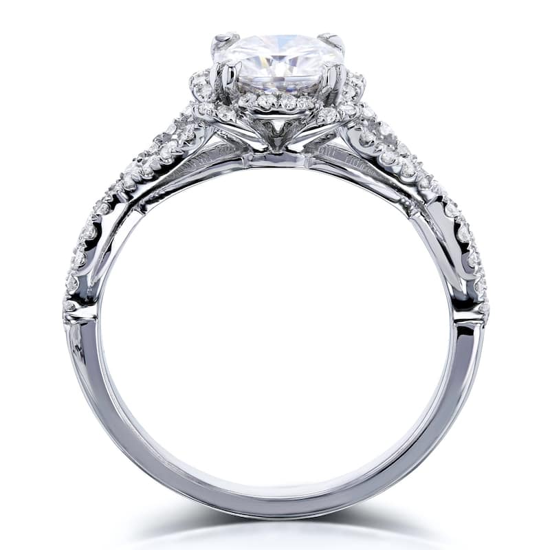 Annello by Kobelli 14k Gold 1-2/5ct TGW Cushion Moissanite and Diamond Fancy Halo Cross Shank Ring