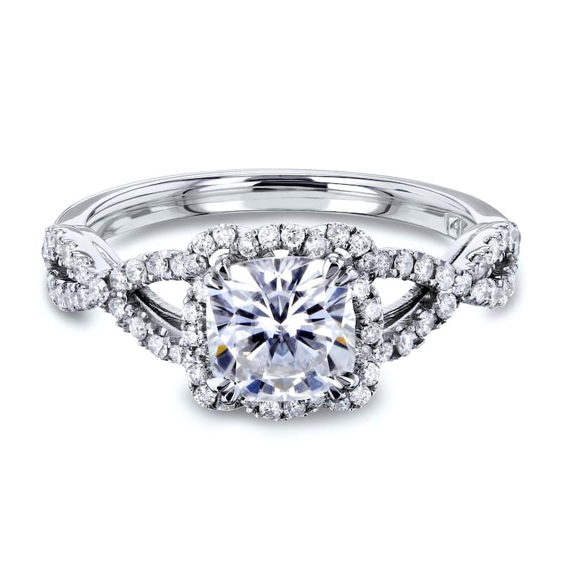 Annello by Kobelli 14k Gold 1-2/5ct TGW Cushion Moissanite and Diamond Fancy Halo Cross Shank Ring