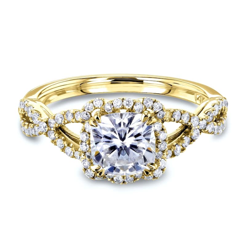 Annello by Kobelli 14k Gold 1-2/5ct TGW Cushion Moissanite and Diamond Fancy Halo Cross Shank Ring