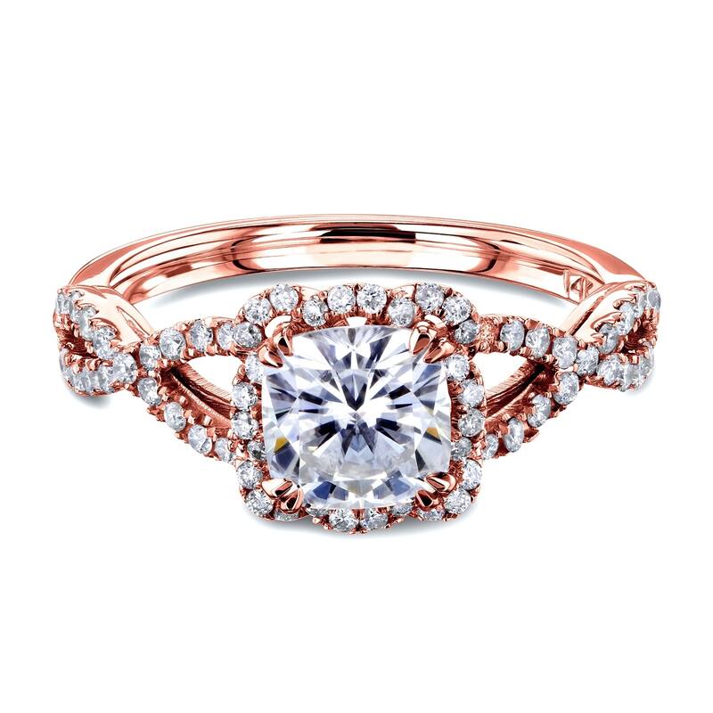Annello by Kobelli 14k Gold 1-2/5ct TGW Cushion Moissanite and Diamond Fancy Halo Cross Shank Ring