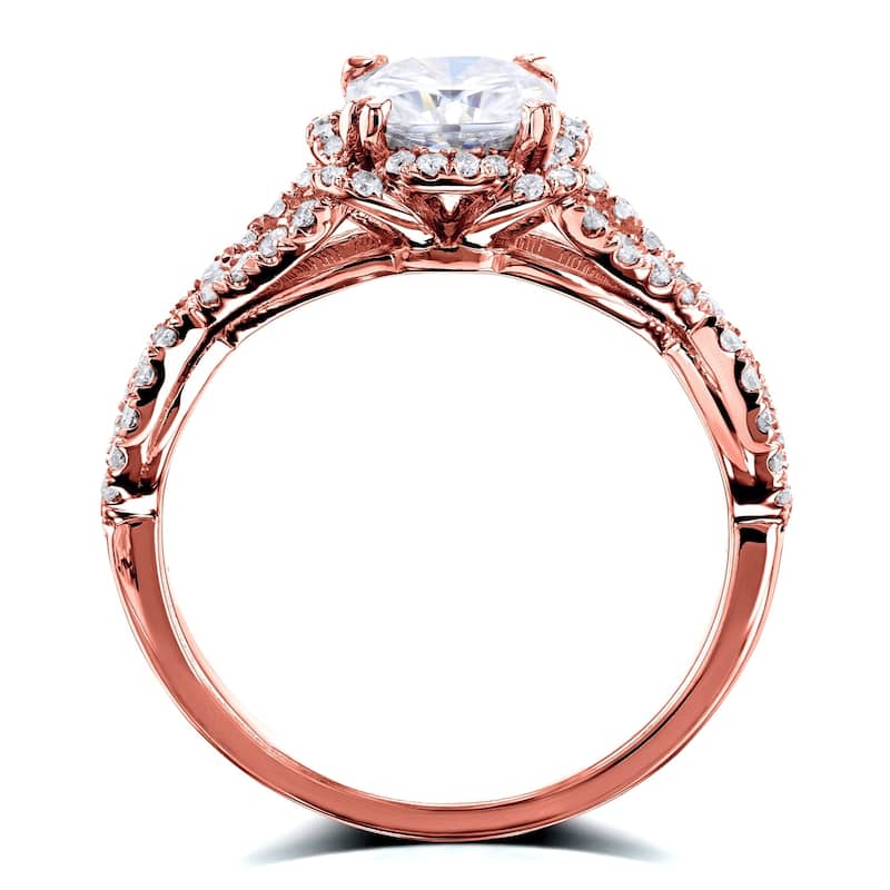 Annello by Kobelli 14k Gold 1-2/5ct TGW Cushion Moissanite and Diamond Fancy Halo Cross Shank Ring