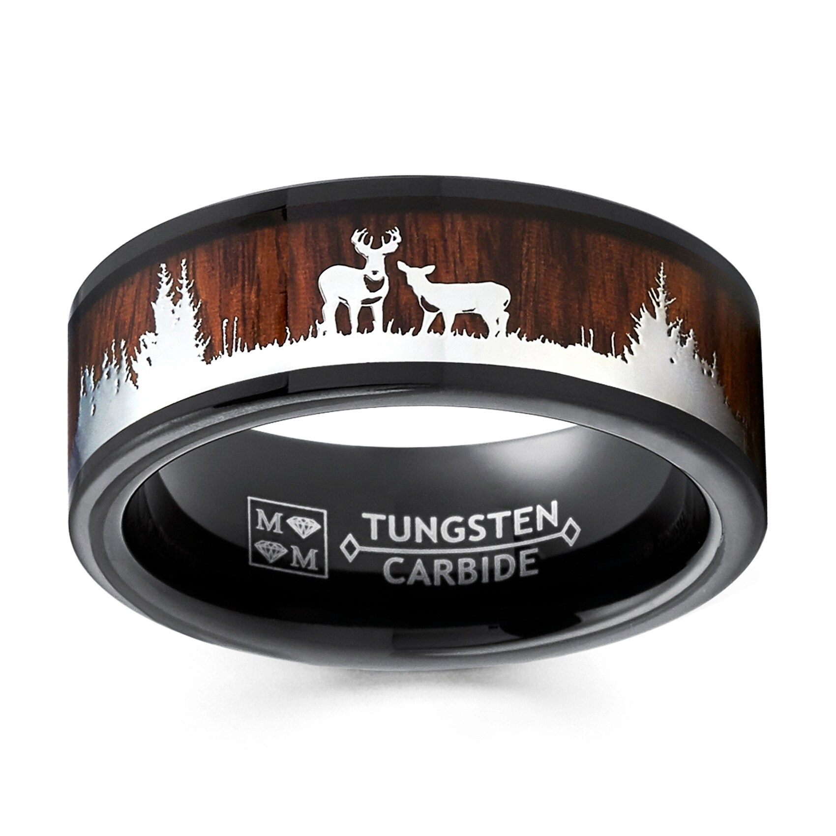 Thorsten Deer STAG Antlers Animal Reindeer Deer Stag Head Print Ring Flat Black Tungsten Ring 4mm Wide Wedding Band from Roy Rose Jewelry