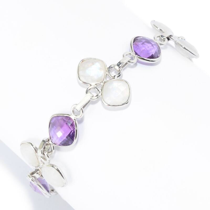 Sterling Silver Amethyst & Rainbow Moonstone Station Bracelet