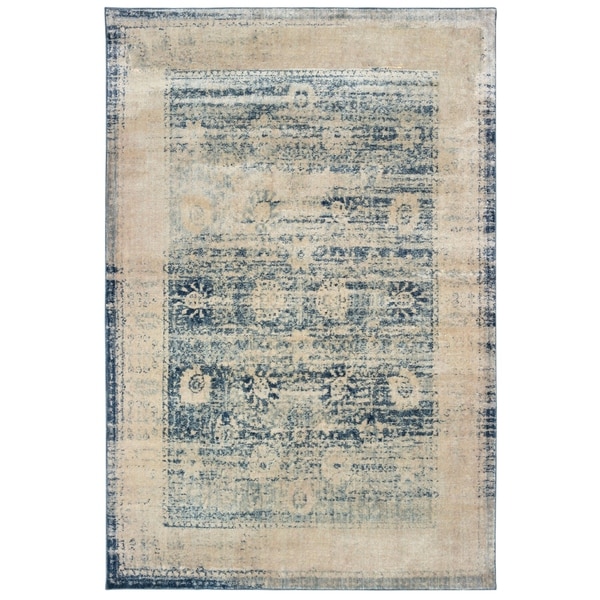 Distressed Border Traditional Ivory/ Blue Area Rug - 9'10" x 12'10"