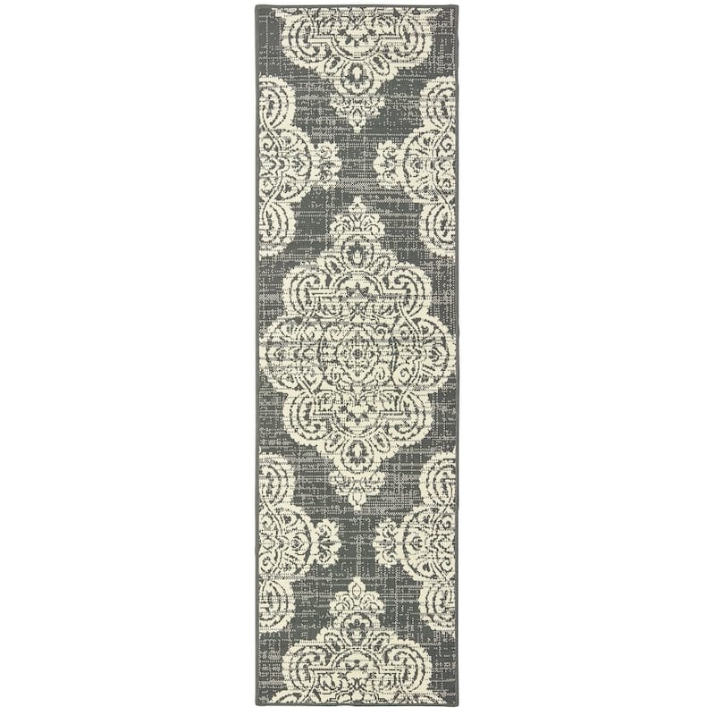 Style Haven Marianna Center Medallion Loop Pile Indoor Outdoor Rug - 2'3" x 7'6" Runner - Grey/Off-White
