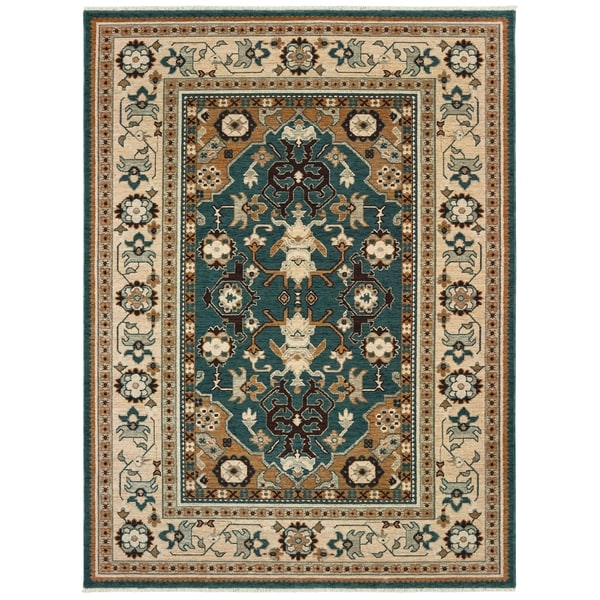 Tribal Bordered Teal/ Sand Spaced Dyed Wool Area Rug - 9'10" x 12'10"