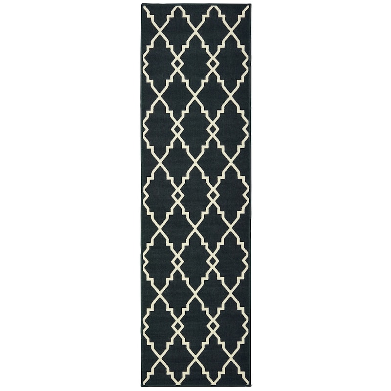 Style Haven Marianna Ornate Lattice Black/ Off-White Loop Pile Indoor Outdoor Area Rug - 2'3" x 7'6" Runner