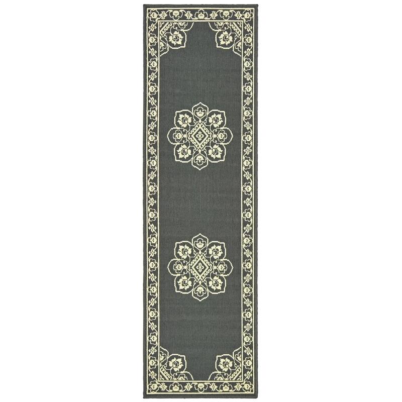 Style Haven Marianna Bordered Medallion Loop Pile Indoor Outdoor Area Rug - 2'3" x 7'6" Runner - Grey/Off-White
