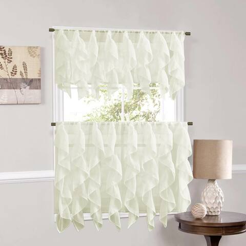 Sweet Home Collection Ivory Vertical Ruffled Waterfall Valance and Curtain Tiers