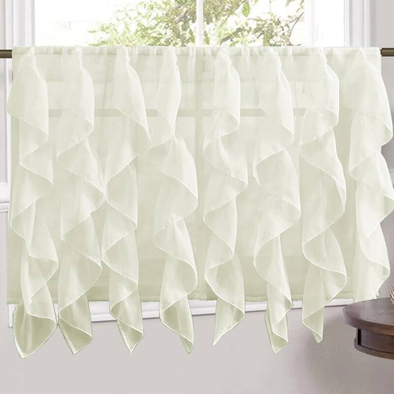 Sweet Home Collection Ivory Vertical Ruffled Waterfall Valance and Curtain Tiers - 24" tier pair