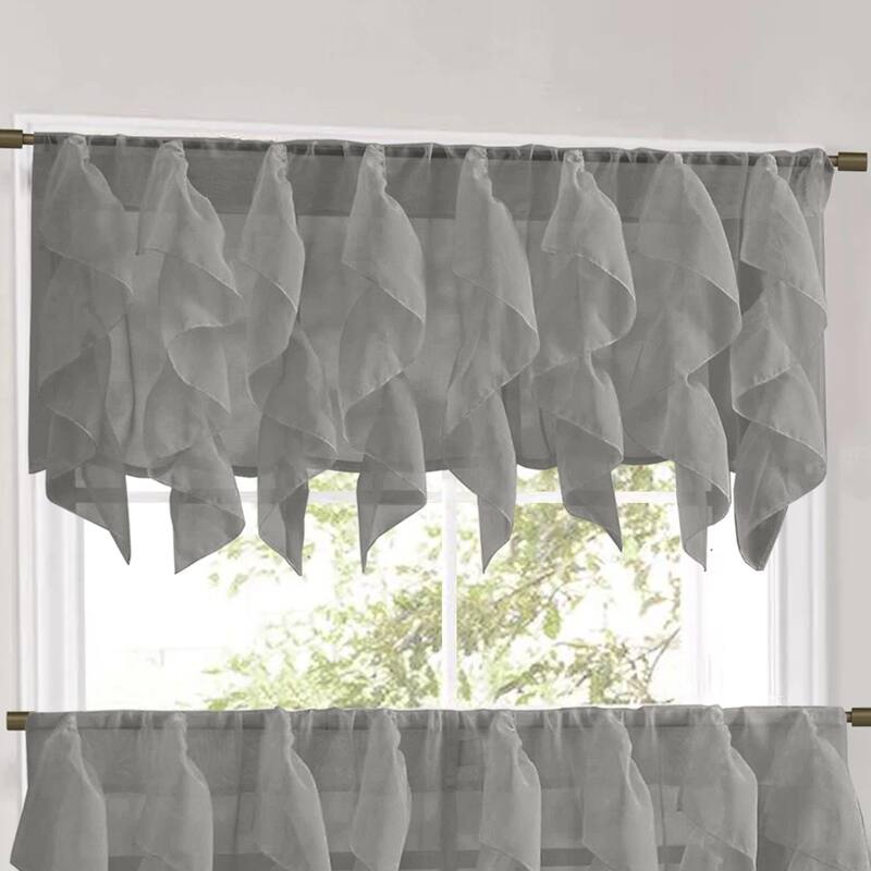 Sweet Home Collection Grey Vertical Ruffled Waterfall Valance and Curtain Tiers - valance