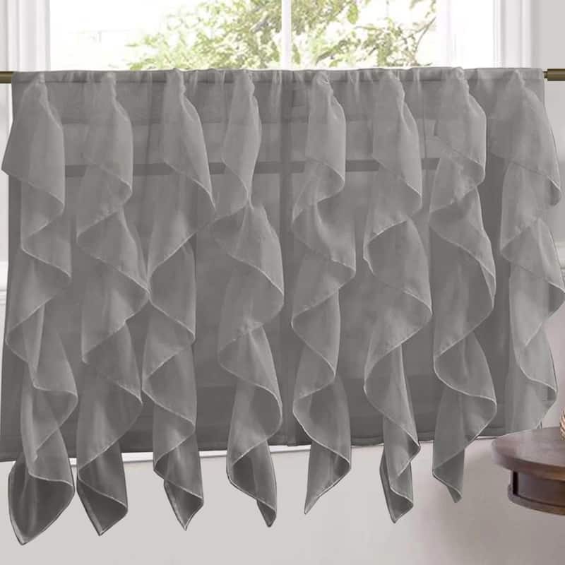 Sweet Home Collection Grey Vertical Ruffled Waterfall Valance and Curtain Tiers - 24" tier pair