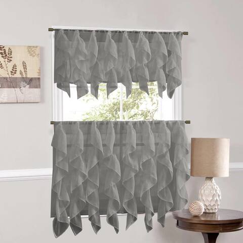 Sweet Home Collection Grey Vertical Ruffled Waterfall Valance and Curtain Tiers
