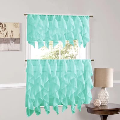 Sweet Home Collection Sea Vertical Ruffled Waterfall Valance and Curtain Tiers