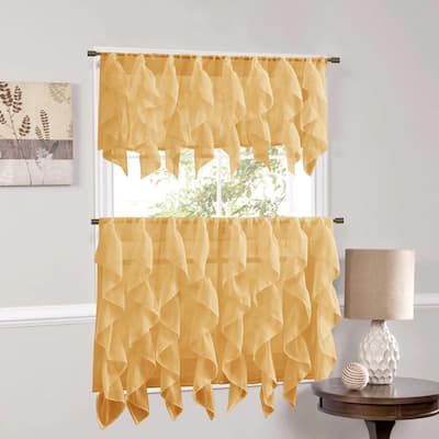 Sweet Home Collection Camel Vertical Ruffled Waterfall Valance and Curtain Tiers