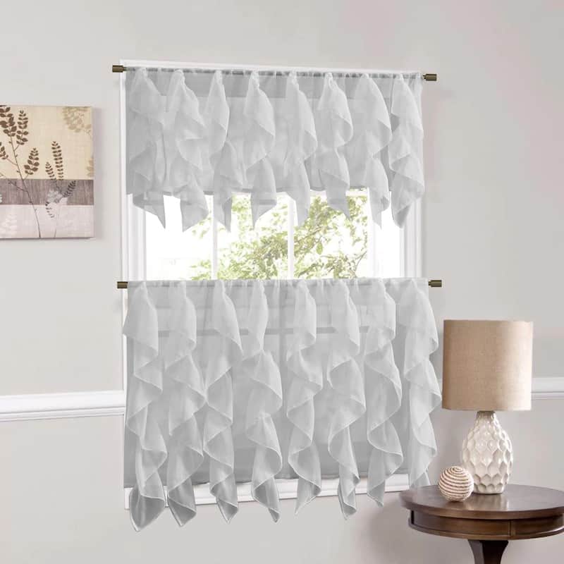 Sweet Home Collection Silver Vertical Ruffled Waterfall Valance and Curtain Tiers