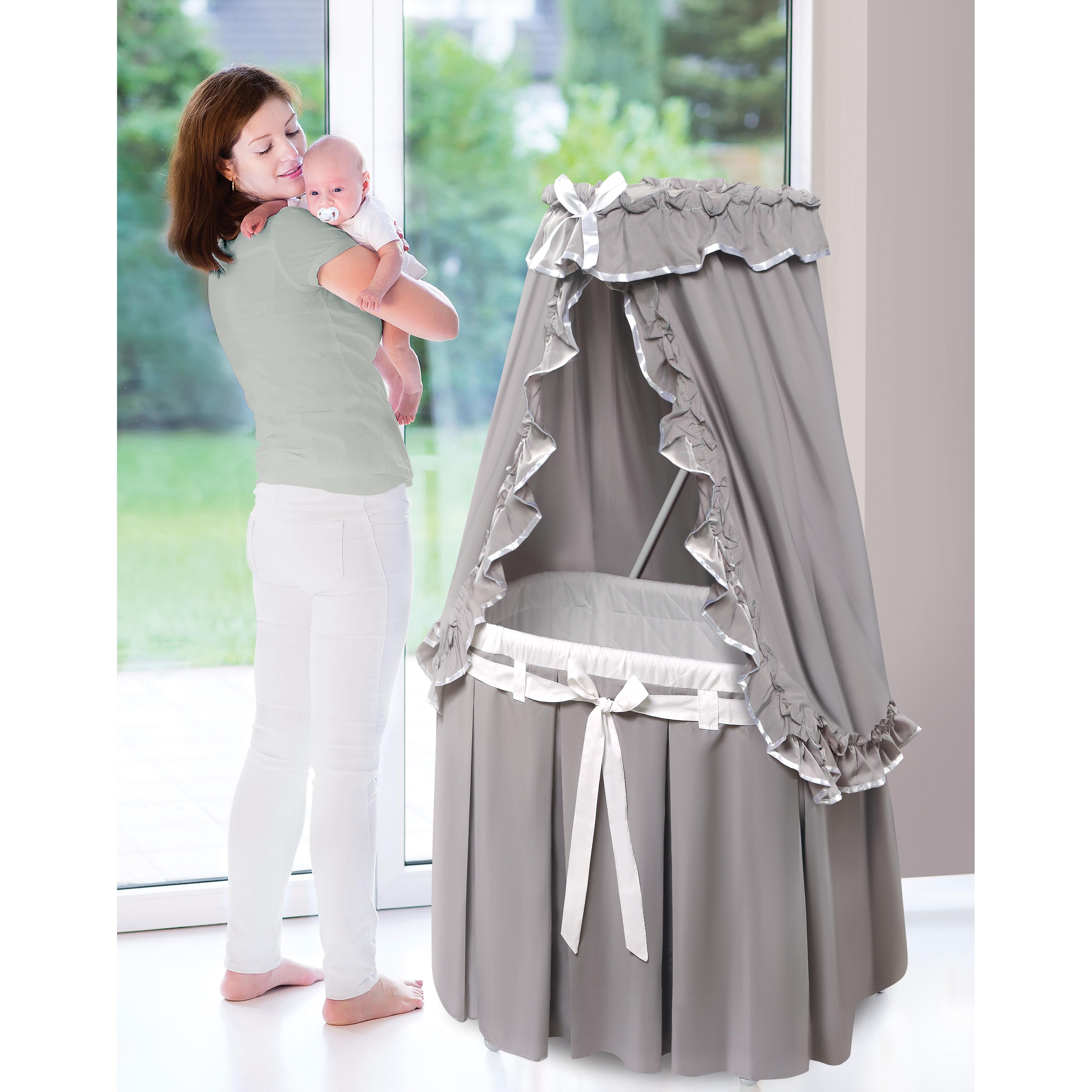 grey and white bassinet