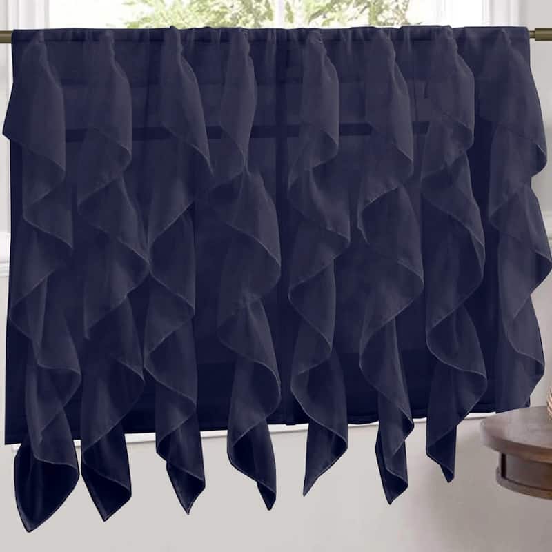 Sweet Home Collection Navy Vertical Ruffled Waterfall Valance and Curtain Tiers - 36" tier pair