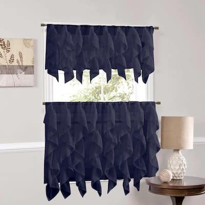 Sweet Home Collection Navy Vertical Ruffled Waterfall Valance and Curtain Tiers