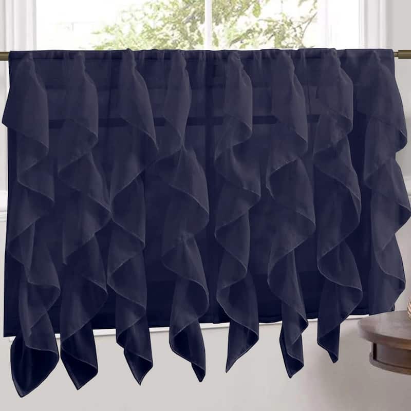 Sweet Home Collection Navy Vertical Ruffled Waterfall Valance and Curtain Tiers - 24" tier pair