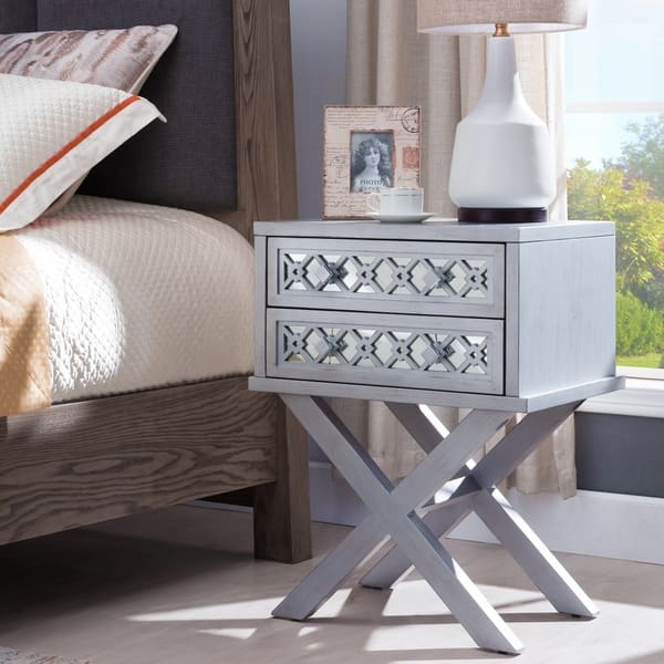 Shop Mirrored Diamond Filigree X Base 2 Drawer Nightstand Table Overstock 23607532 Grey