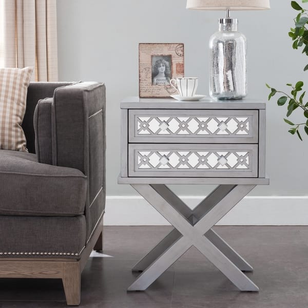 Shop Mirrored Diamond Filigree X Base 2 Drawer Nightstand Table Overstock 23607532 Grey