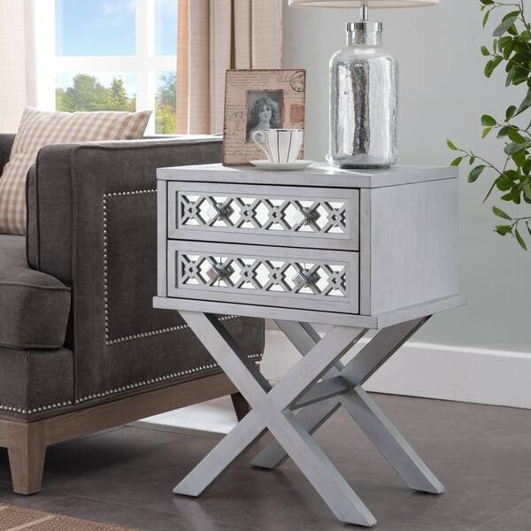 Shop Mirrored Diamond Filigree X Base 2 Drawer Nightstand Table Overstock 23607532 Grey