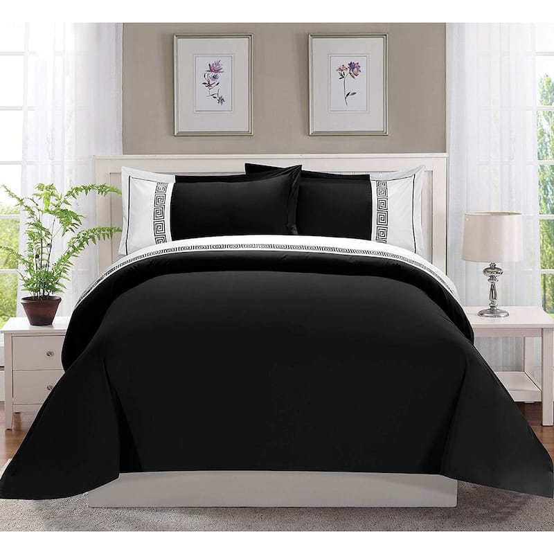 Elegant Comfort Luxury 3-Piece Embroidered Duvet Cover Set - Queen/Full - Queen - Black