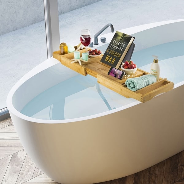 Bambusi Bathtub Caddy Tray With Book And Wine Holder Spa Relaxing Bath Overstock 23607866