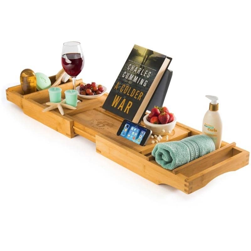 Bambusi Bathtub Caddy Tray with Book and Wine Holder Spa Relaxing Bath