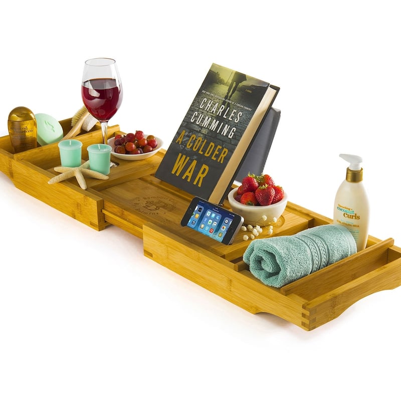Bambusi Bathtub Caddy Tray with Book and Wine Holder Spa Relaxing Bath