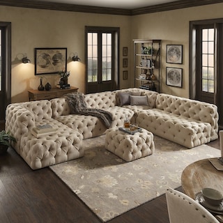 Knightsbridge II Beige Linen Tufted Chesterfield Modular U-Shape with Chaise Sectional by iNSPIRE Q Artisan