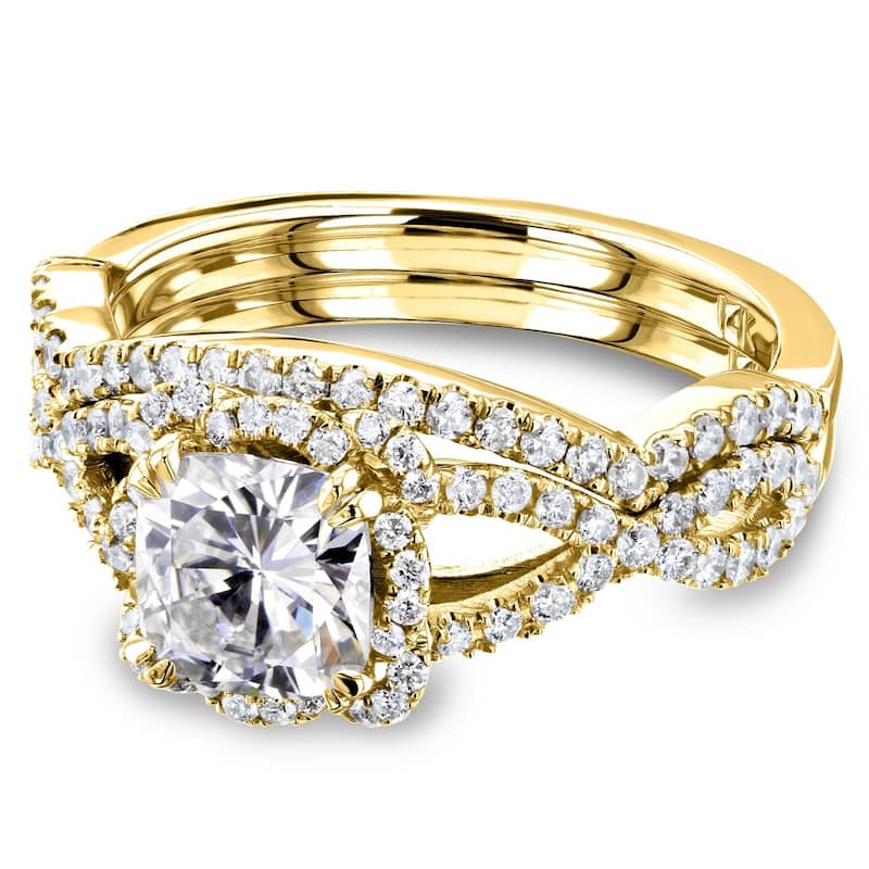 Annello by Kobelli 14k Gold 1-1/2ct TGW Cushion Moissanite and Diamond Fancy Halo Cross Shank Bridal Set
