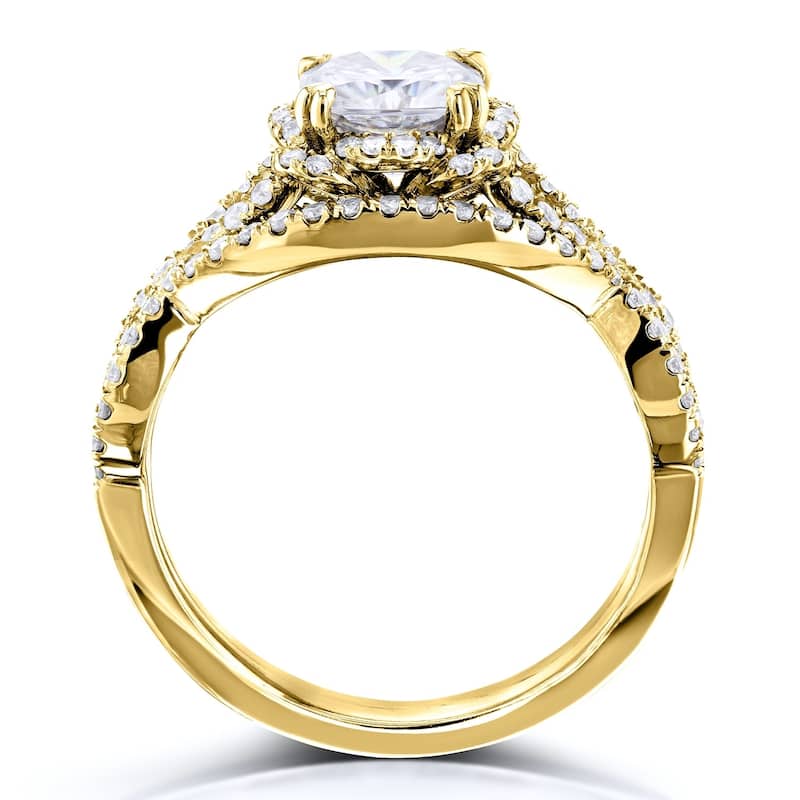 Annello by Kobelli 14k Gold 1-1/2ct TGW Cushion Moissanite and Diamond Fancy Halo Cross Shank Bridal Set