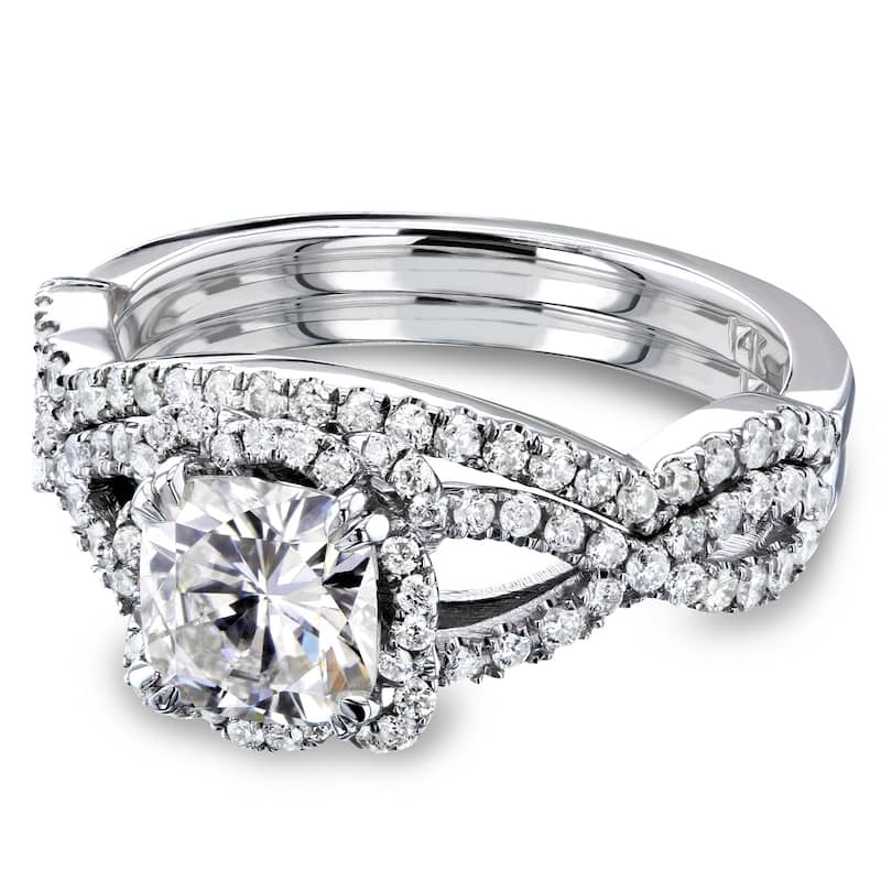 Annello by Kobelli 14k Gold 1-1/2ct TGW Cushion Moissanite and Diamond Fancy Halo Cross Shank Bridal Set