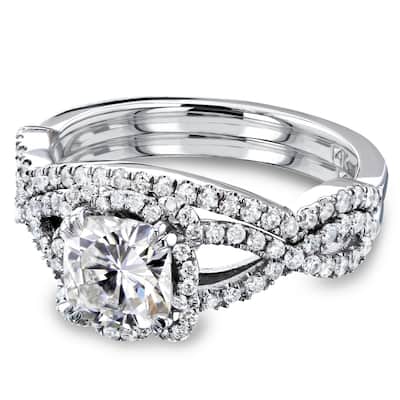 Annello by Kobelli 14k Gold 1-1/2ct TGW Cushion Moissanite and Diamond Fancy Halo Cross Shank Bridal Set