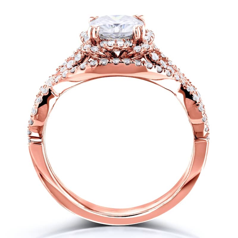 Annello by Kobelli 14k Gold 1-1/2ct TGW Cushion Moissanite and Diamond Fancy Halo Cross Shank Bridal Set