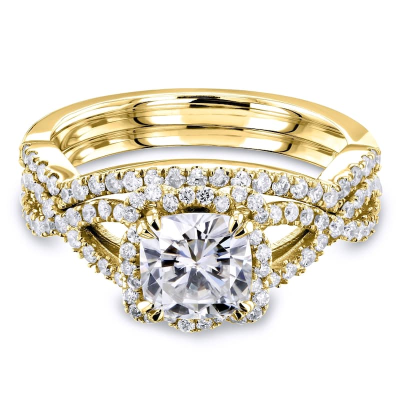 Annello by Kobelli 14k Gold 1-1/2ct TGW Cushion Moissanite and Diamond Fancy Halo Cross Shank Bridal Set