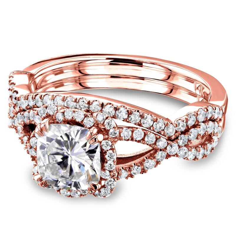 Annello by Kobelli 14k Gold 1-1/2ct TGW Cushion Moissanite and Diamond Fancy Halo Cross Shank Bridal Set