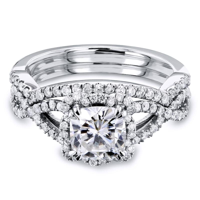 Annello by Kobelli 14k Gold 1-1/2ct TGW Cushion Moissanite and Diamond Fancy Halo Cross Shank Bridal Set
