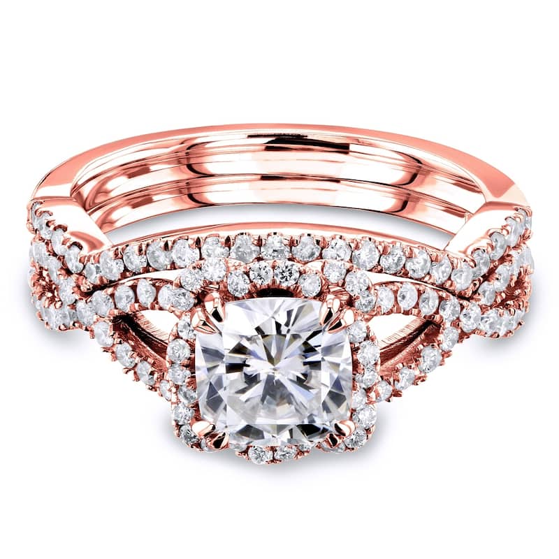 Annello by Kobelli 14k Gold 1-1/2ct TGW Cushion Moissanite and Diamond Fancy Halo Cross Shank Bridal Set