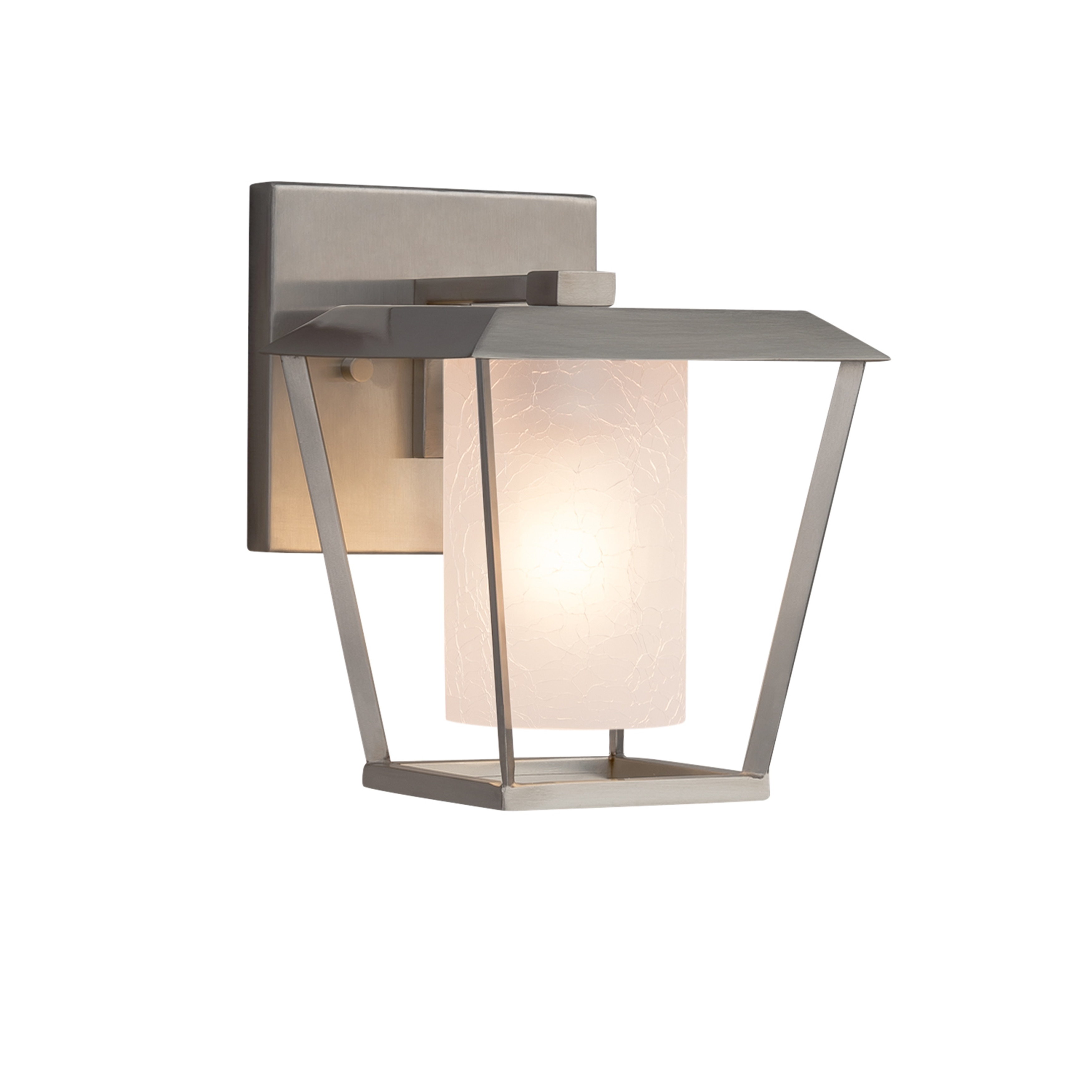 Justice Design Fusion Patina 1-light Brushed Nickel Outdoor Wall Sconce, Frosted Crackle Cylinder w/ Flat Rim Shade