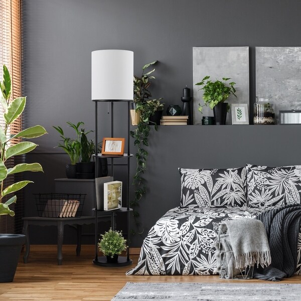 Reid 57.5" Matte Black Shelf Floor Lamp with White Linen Shade